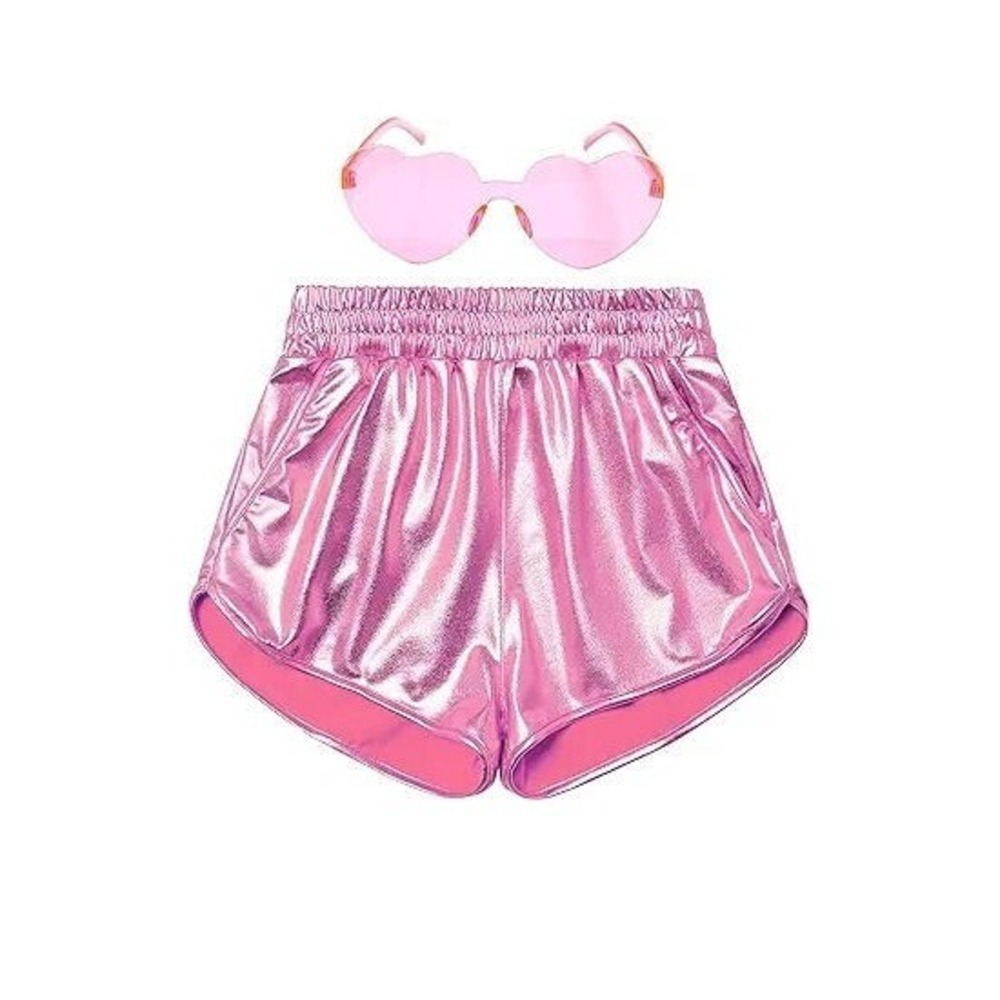 Mirawise Girls Metallic Shiny Sparkly Hot Pants Shorts w/ Glasses - Pink - 6-7 Y
